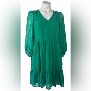 52Seven 3/4 Sleeve polka dot Babydoll lined S Bloused Green Dress 100% POLYESTER